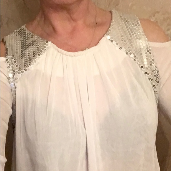 Slinky Cold Shoulder Silver Sequins White Long Sleeve Blouse S - Picture 1 of 12
